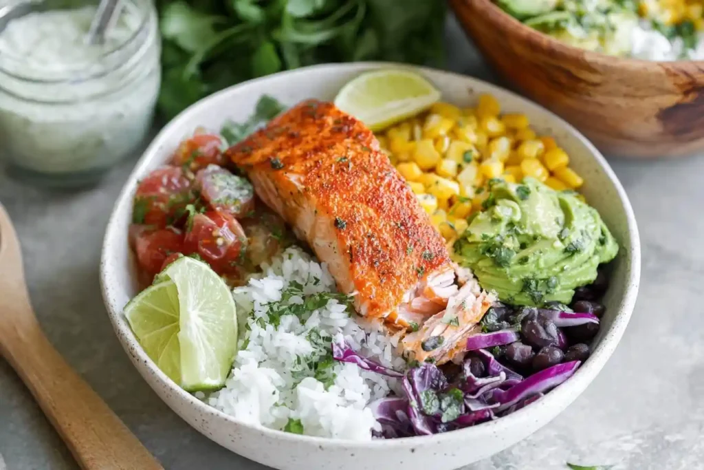 A close-up of a healthy Salmon Burrito Bowl with rice, corn, black beans, guacamole, and a lime wedge in a white bowl.