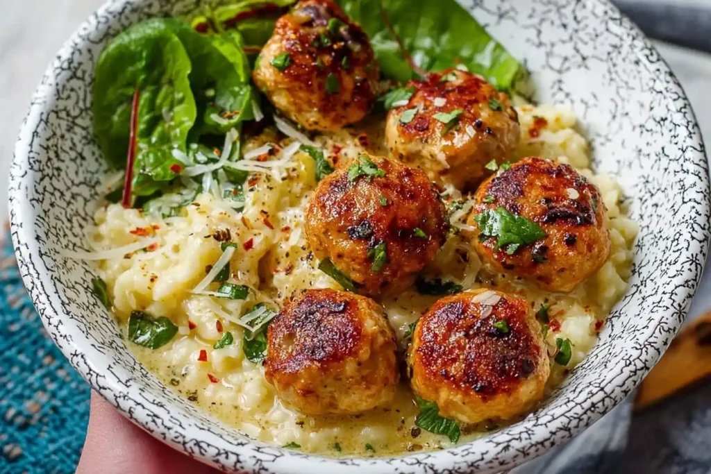 A close-up shot of a white bowl filled with creamy chicken meatball risotto, garnished with fresh greens and parmesan cheese.