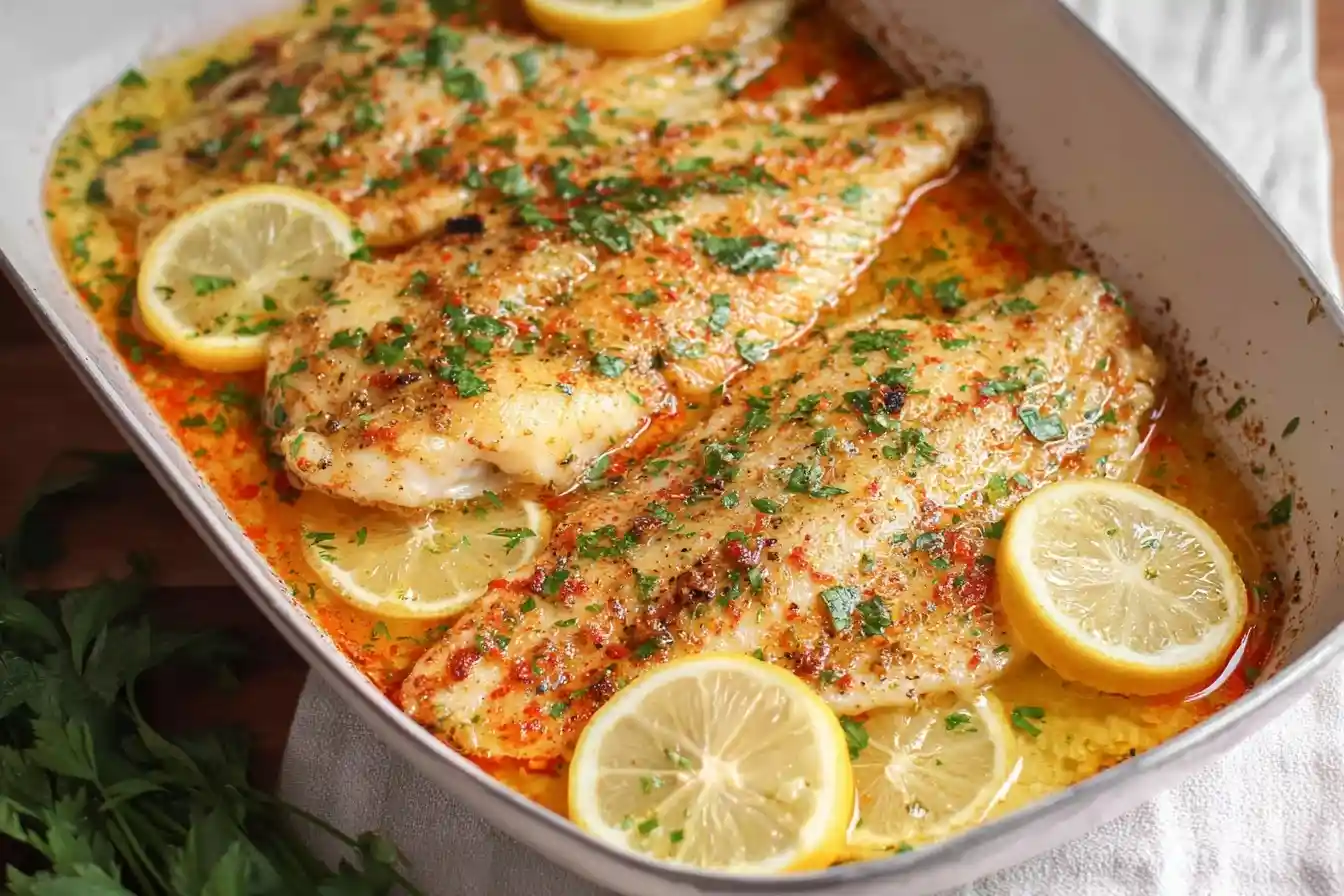 A close-up of a white baking dish with flaky fillets from a baked fish recipe, swimming in a lemon butter sauce with fresh herbs.
