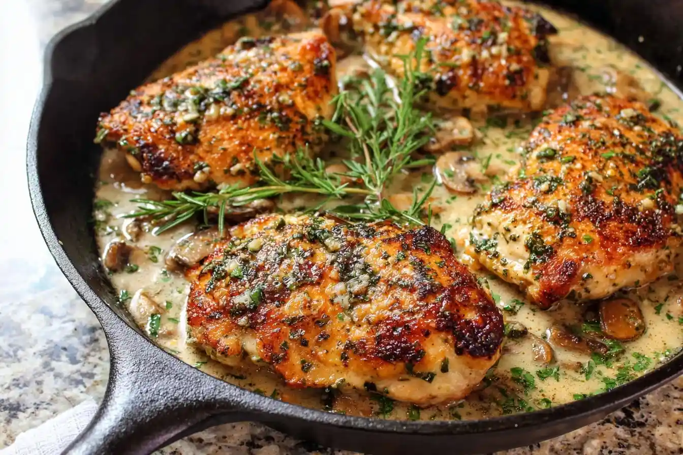 Golden-seared creamy mushroom chicken breasts simmering in a cast-iron skillet with fresh rosemary and herbs.
