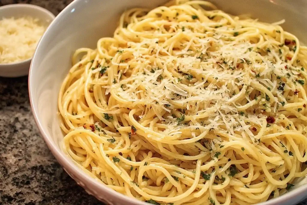 A large white bowl of classic Spaghetti Aglio e Olio, generously topped with grated Parmesan cheese and fresh parsley.