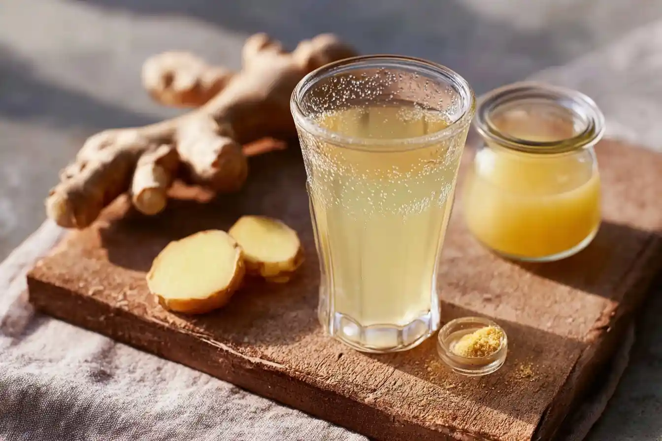 A glass of homemade ginger ale on a rustic wooden board, surrounded by fresh ginger root, slices, and ground ginger.