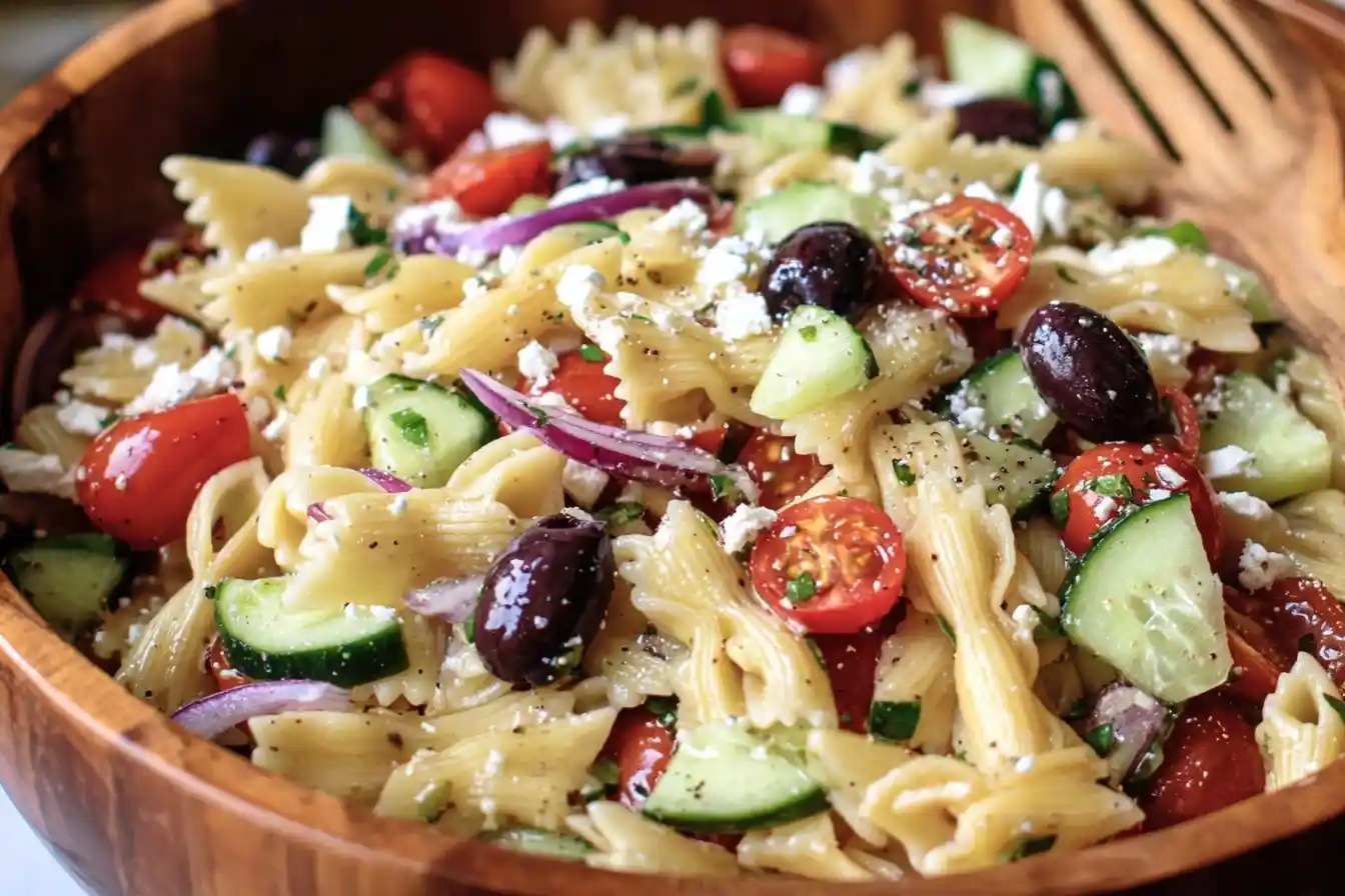 A close-up of a vibrant Greek pasta salad in a wooden bowl, featuring bow-tie pasta, tomatoes, cucumbers, and feta.