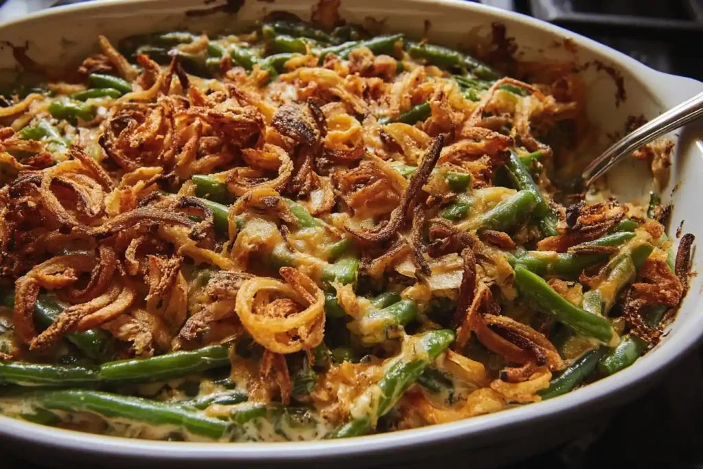 A close-up of a classic green bean casserole in a white baking dish, topped with a generous amount of crispy fried onions.