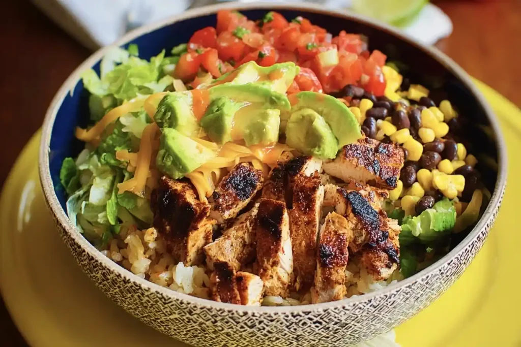 A colorful chicken burrito bowl filled with grilled chicken, rice, beans, corn, lettuce, pico de gallo, cheese, and avocado.