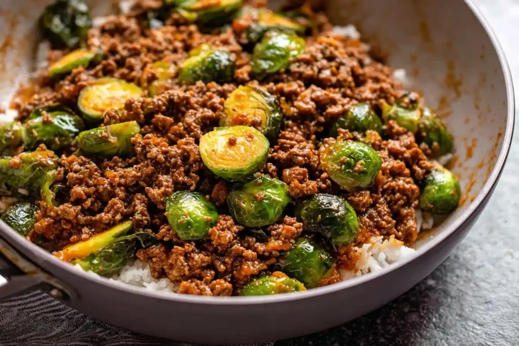 A close-up shot of a skillet filled with savory Ground Beef and Brussels Sprouts served over a bed of white rice.