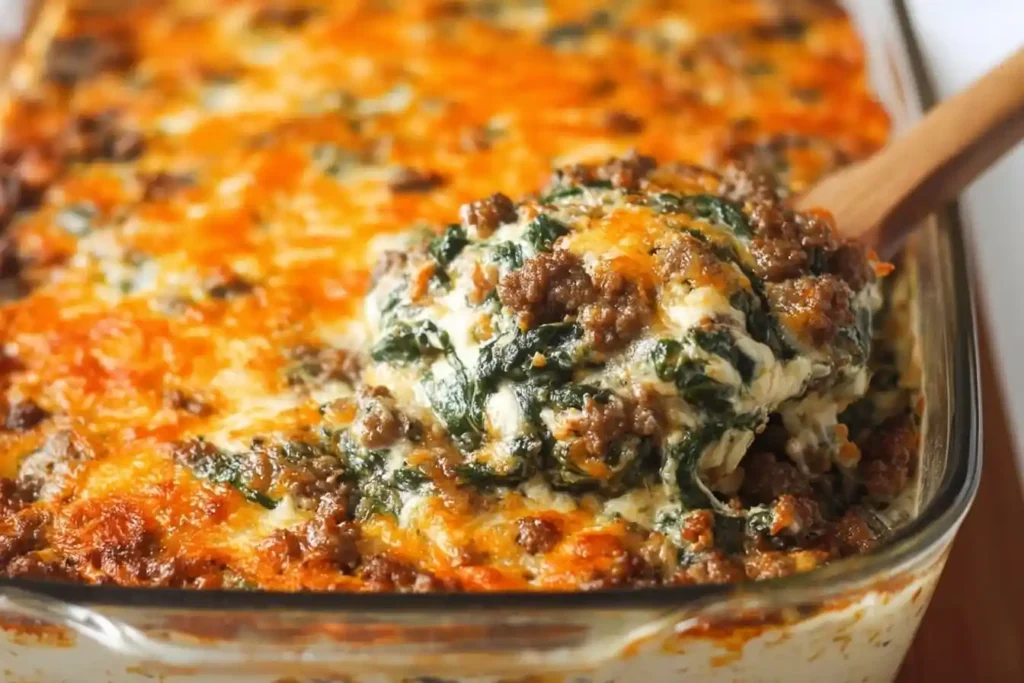 A close-up shot of a cheesy {{ $('Fetch Recipe Data').first().json["Main Keyword"] }} being scooped from a glass dish with a wooden spoon.