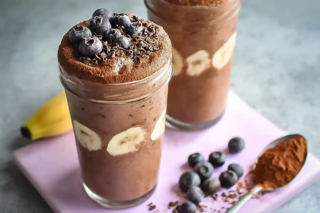 Two glasses of a thick chocolate banana smoothie, topped with fresh blueberries and dark chocolate shavings.