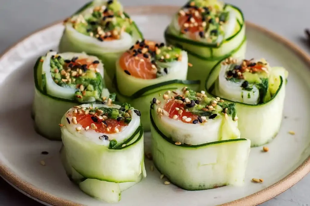 A close-up of fresh cucumber sushi rolls with salmon and avocado, sprinkled with sesame seeds, on a ceramic plate.