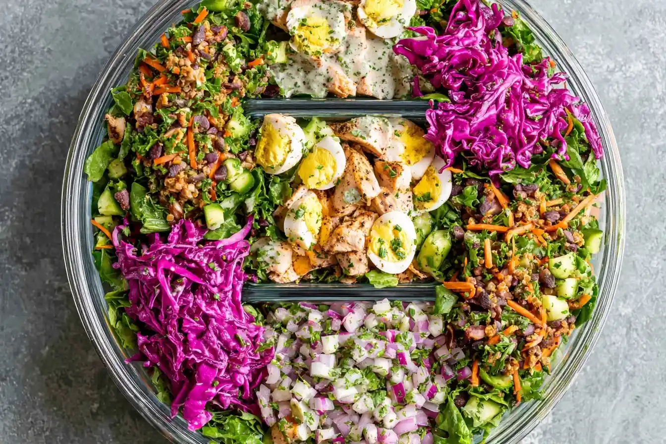 A vibrant and delicious Cobb Salad Platter, shot from above, showing sections of chicken, eggs, red cabbage, and mixed greens.