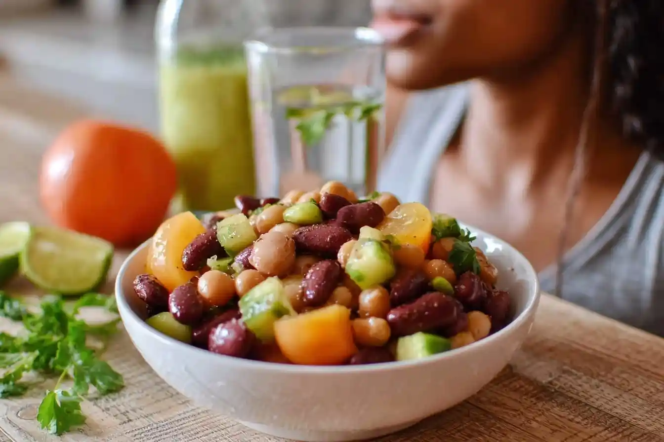 A close-up of a healthy three bean salad in a white bowl, with fresh ingredients like tomatoes and cucumbers in the background.