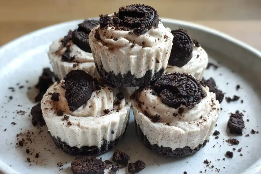 A plate of delicious Mini Oreo Cheesecake bites topped with crumbled cookies and a mini Oreo.