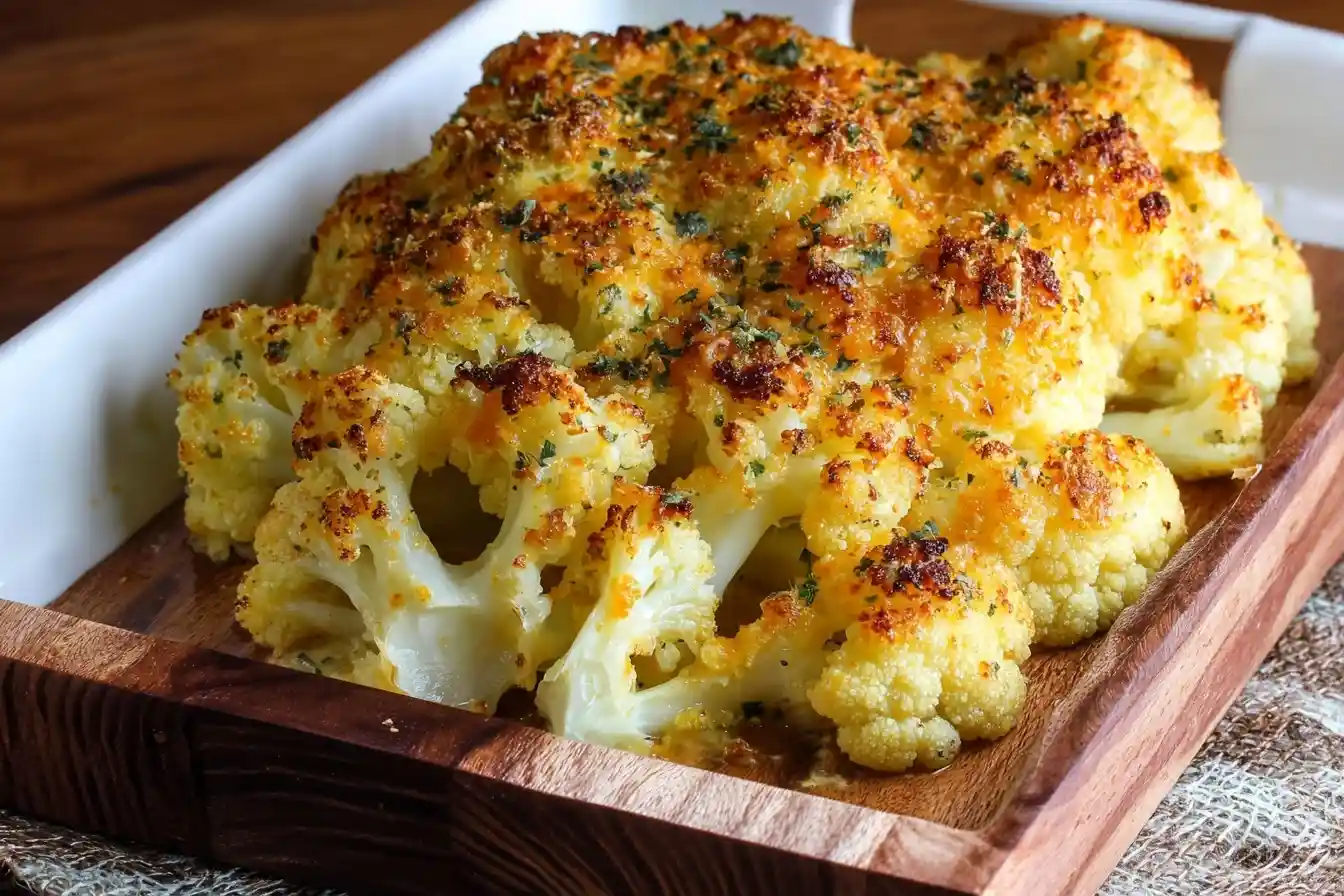 A whole roasted cauliflower with a golden-brown parmesan and herb crust, served in a white dish on a wooden tray.