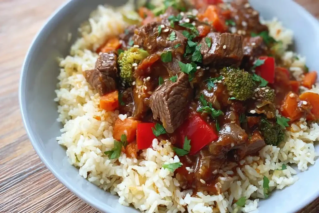 A close-up shot of a savory beef and broccoli stir fry with vegetables served over a bed of white rice in a bowl.