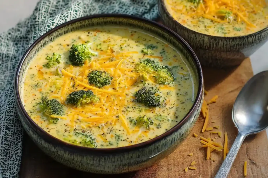 A rustic bowl of creamy broccoli cheddar soup topped with shredded cheese and black pepper, ready to be eaten.