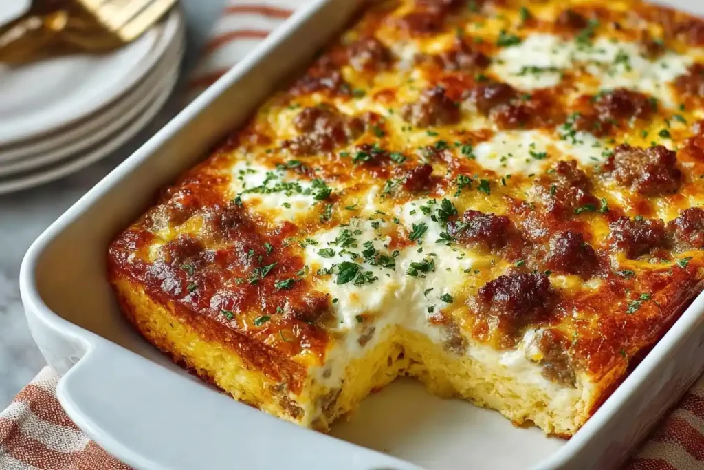 A close-up of a sausage and egg breakfast casserole in a white baking dish with a slice removed to show the fluffy interior.