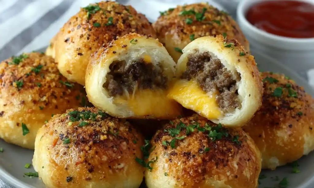A plate of golden brown Cheeseburger Buns, with one cut open to reveal a juicy beef and melted cheese filling.