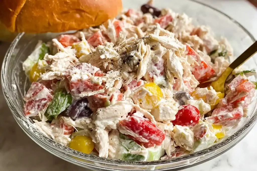 A close-up shot of a creamy chicken salad in a glass bowl, made with a fresh chicken salad recipe and colorful vegetables.