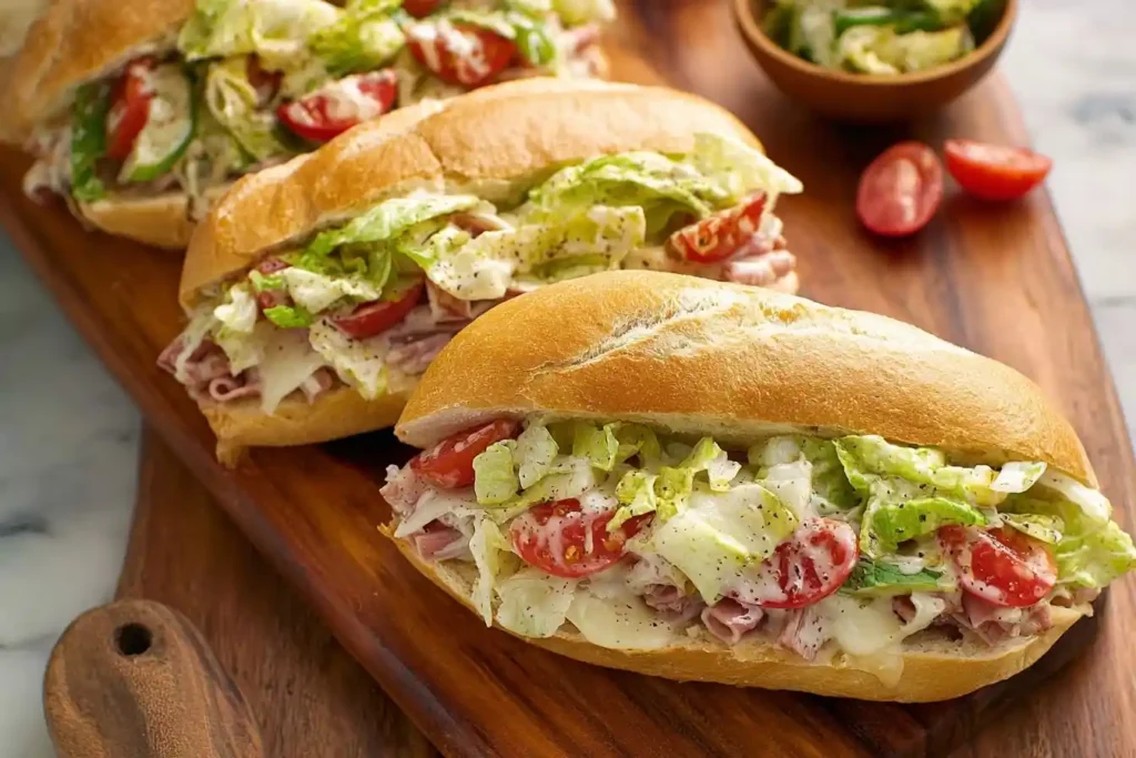 Three grinder sandwich subs on a wooden board, loaded with meat, cheese, and a creamy tomato and lettuce topping.