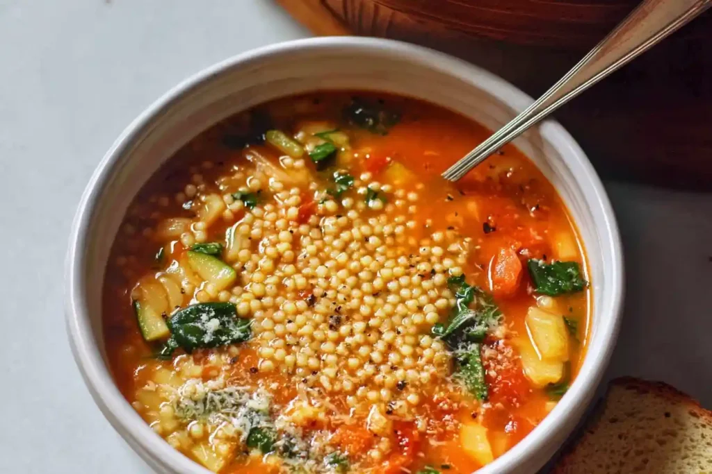 A close-up of a white bowl filled with a hearty minestrone soup recipe, featuring pasta, vegetables, and a sprinkle of Parmesan.