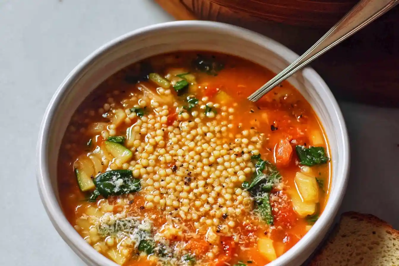 A close-up of a white bowl filled with a hearty minestrone soup recipe, featuring pasta, vegetables, and a sprinkle of Parmesan.