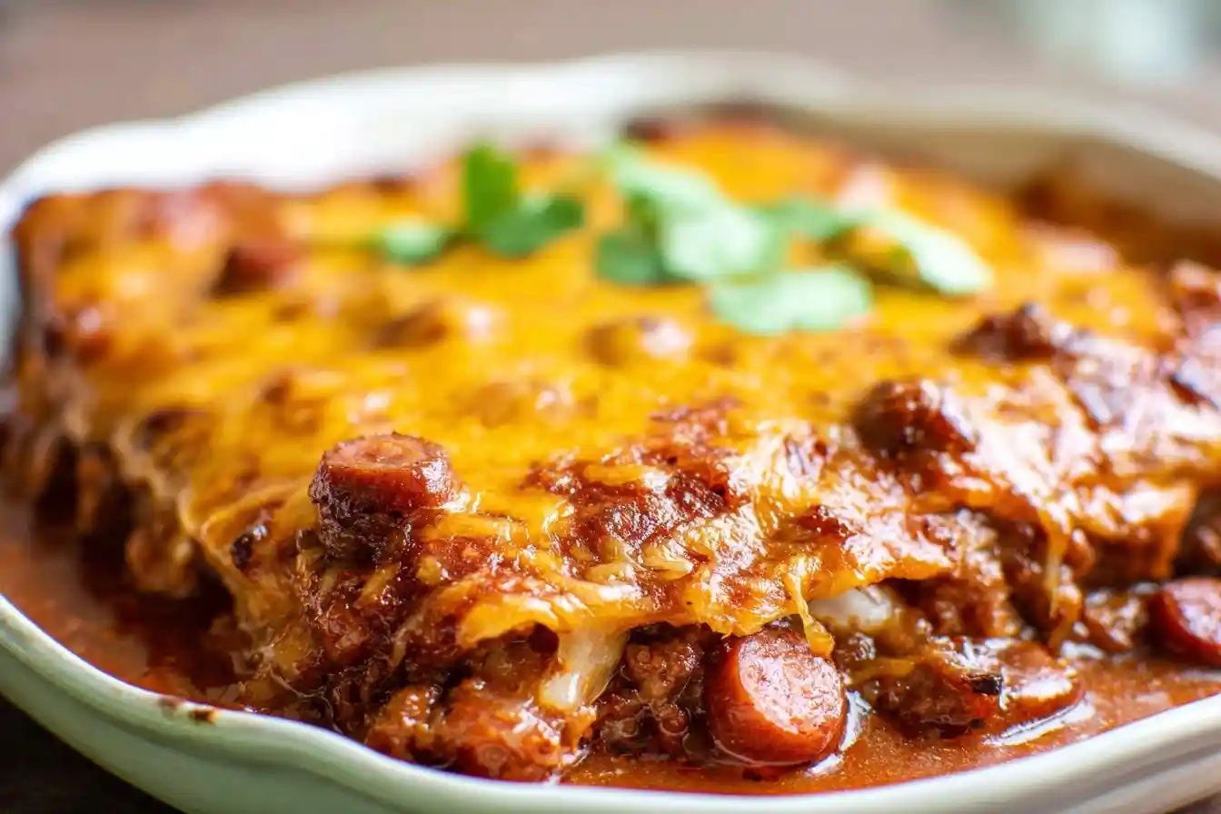 A close-up of a bubbly chili cheese dog casserole in a baking dish, topped with melted cheddar and fresh cilantro.