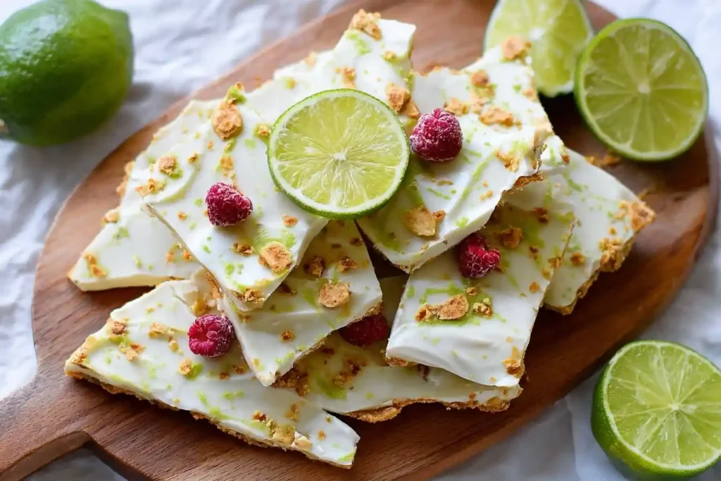 A pile of key lime pie bark on a wooden board, garnished with fresh raspberries and a slice of lime.