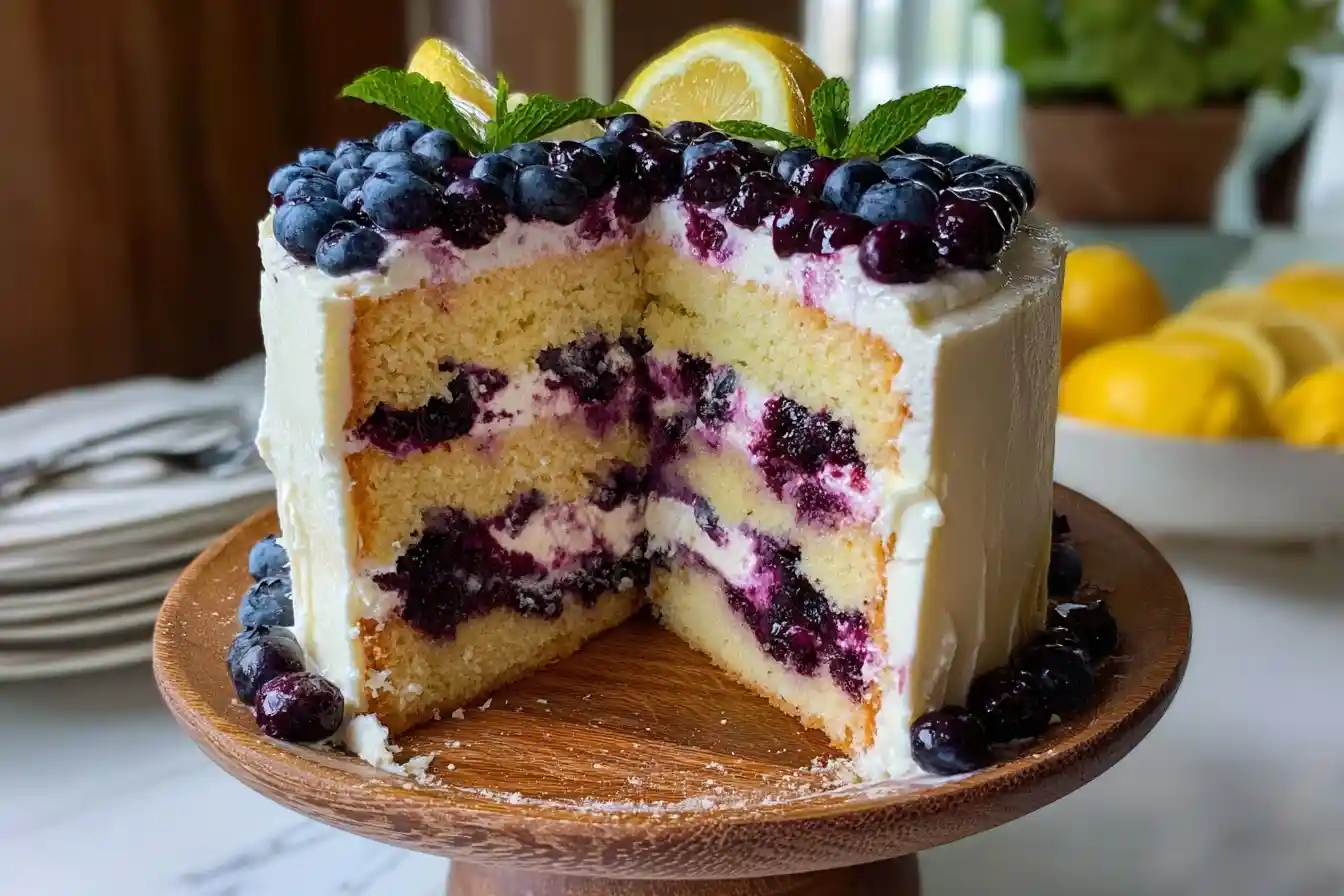 A three-layer lemon blueberry cake on a wooden stand, with a slice cut out to show the blueberry filling and frosting.