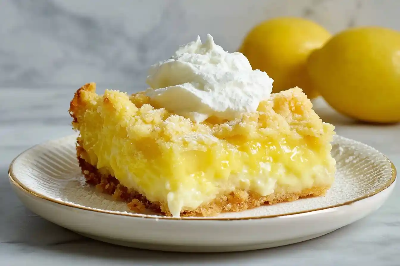 A delicious slice of lemon crumble bars topped with whipped cream on a white plate, with fresh lemons in the background.