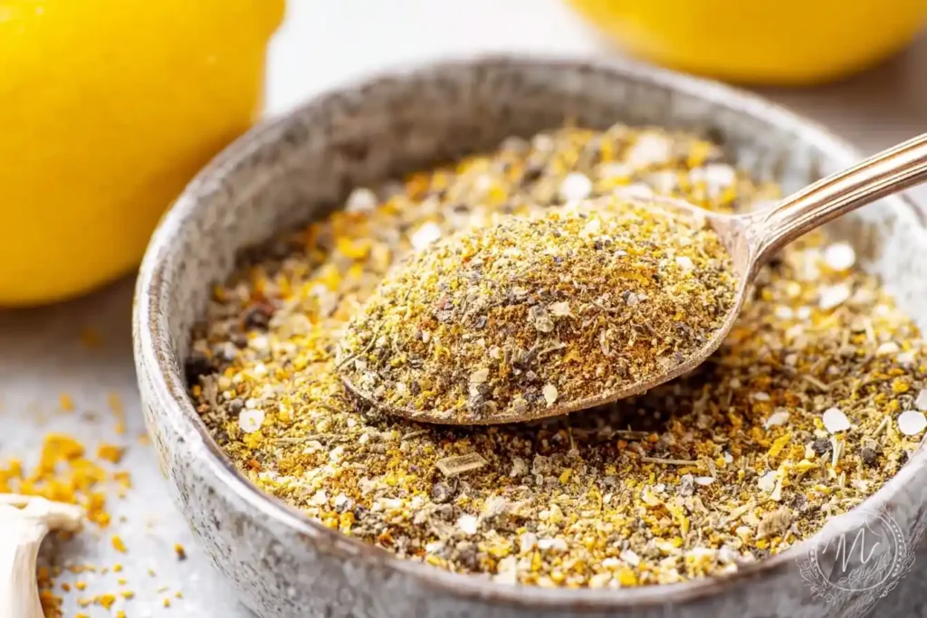 A close-up of homemade lemon pepper seasoning in a rustic grey bowl, with a spoonful being lifted and fresh lemons in the background.