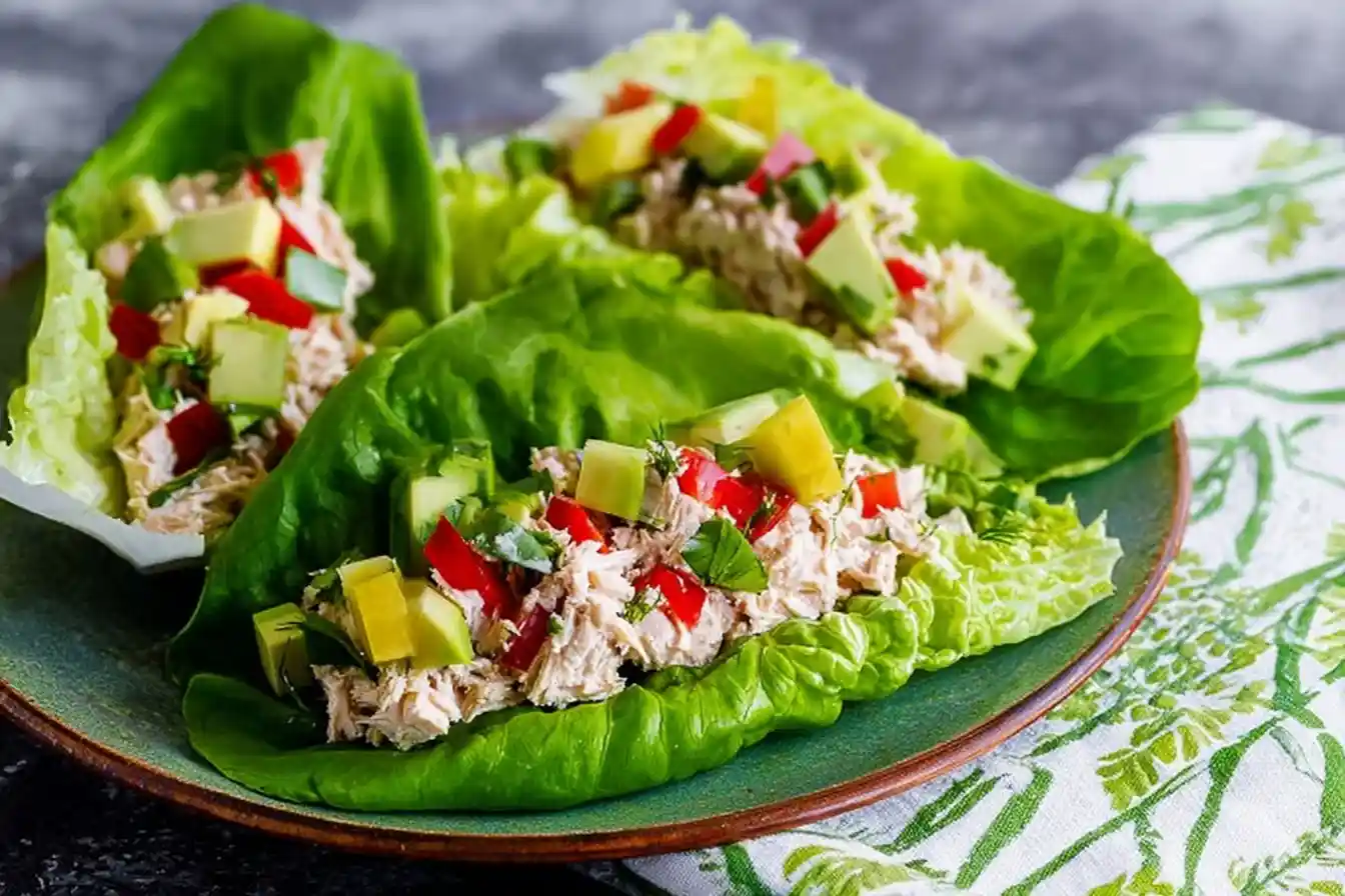 Three fresh Tuna Lettuce Wraps on a green plate, filled with tuna salad and topped with diced avocado and red pepper.