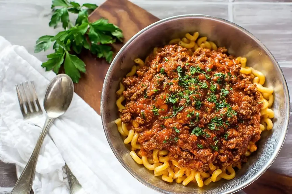 A close-up of a metal bowl filled with corkscrew pasta and topped with a generous portion of rich, homemade meat sauce.