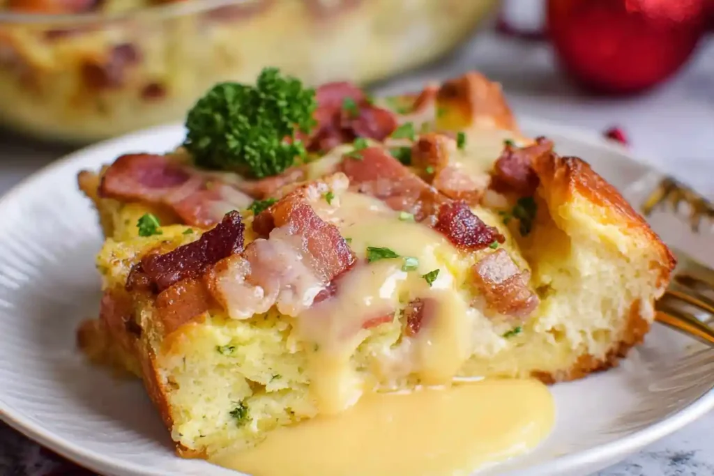 A slice of savory bread pudding with crispy bacon and a creamy cheese sauce, garnished with parsley on a white plate.