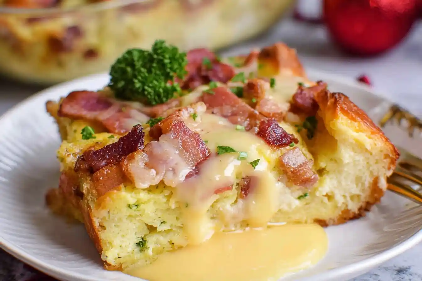 A slice of savory bread pudding with crispy bacon and a creamy cheese sauce, garnished with parsley on a white plate.