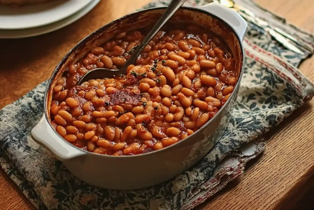 A rustic white oval dish filled with saucy {{ $('Fetch Recipe Data').first().json["Main Keyword"] }}, with a spoon resting inside.