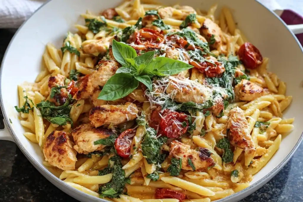 A close-up of a white skillet filled with creamy Tuscan Chicken Pasta, featuring seared chicken, sun-dried tomatoes, and spinach.
