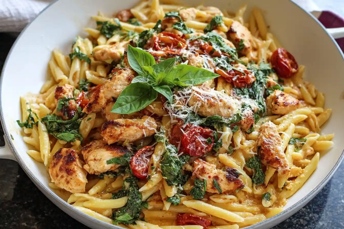 A close-up of a white skillet filled with creamy Tuscan Chicken Pasta, featuring seared chicken, sun-dried tomatoes, and spinach.