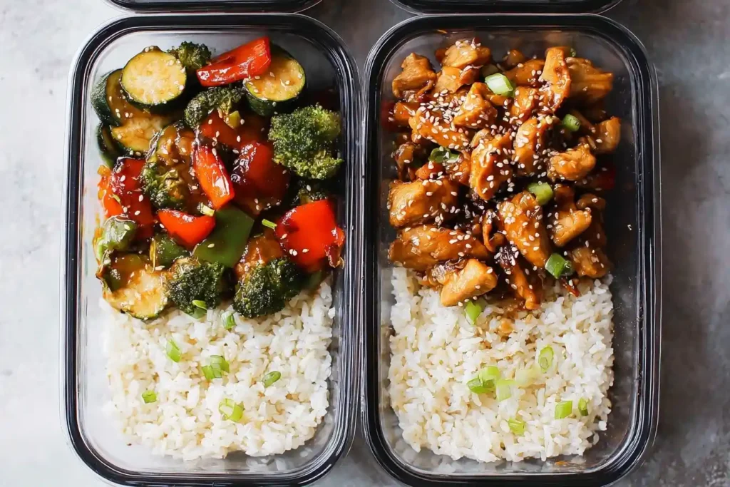 Two glass containers hold a teriyaki chicken meal prep, one with sesame chicken and one with stir-fry vegetables over rice.