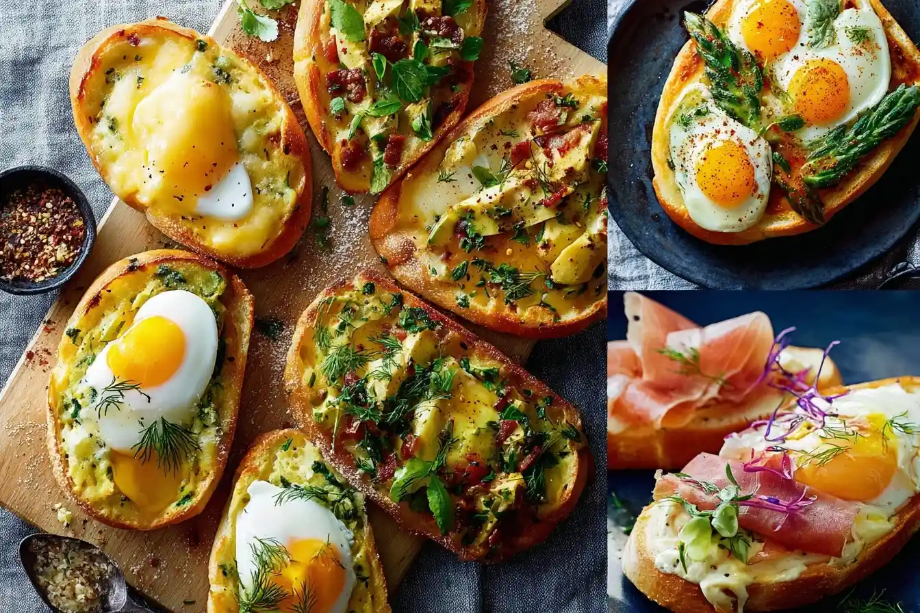A collage showing different variations of Egg in a Hole, including baked bread boats and toast with prosciutto and asparagus.