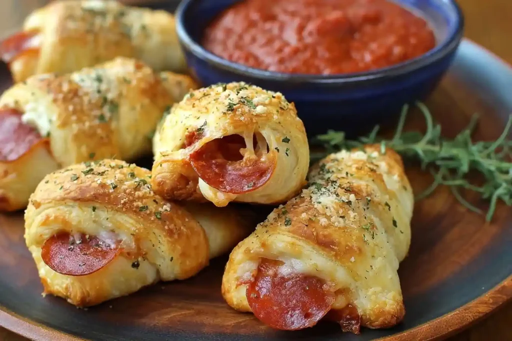 A close-up of golden-brown pepperoni pizza crescent rolls on a wooden plate with a bowl of marinara sauce for dipping.