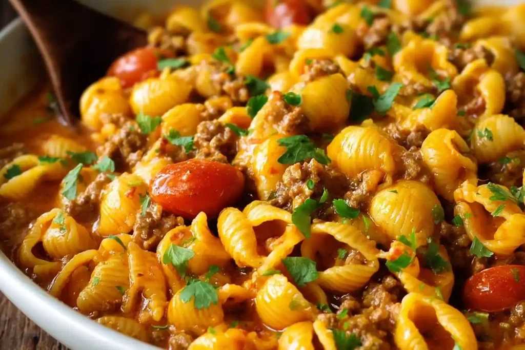 A close-up of a white bowl filled with creamy Taco Pasta, featuring shell pasta, ground beef, tomatoes, and a parsley garnish.