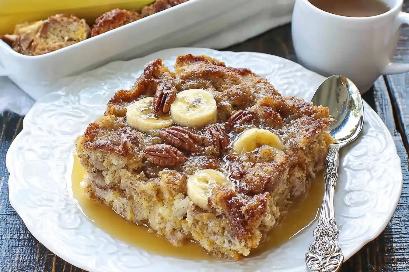 A slice of warm banana bread pudding on a white plate, topped with fresh banana slices, pecans, and a golden syrup.