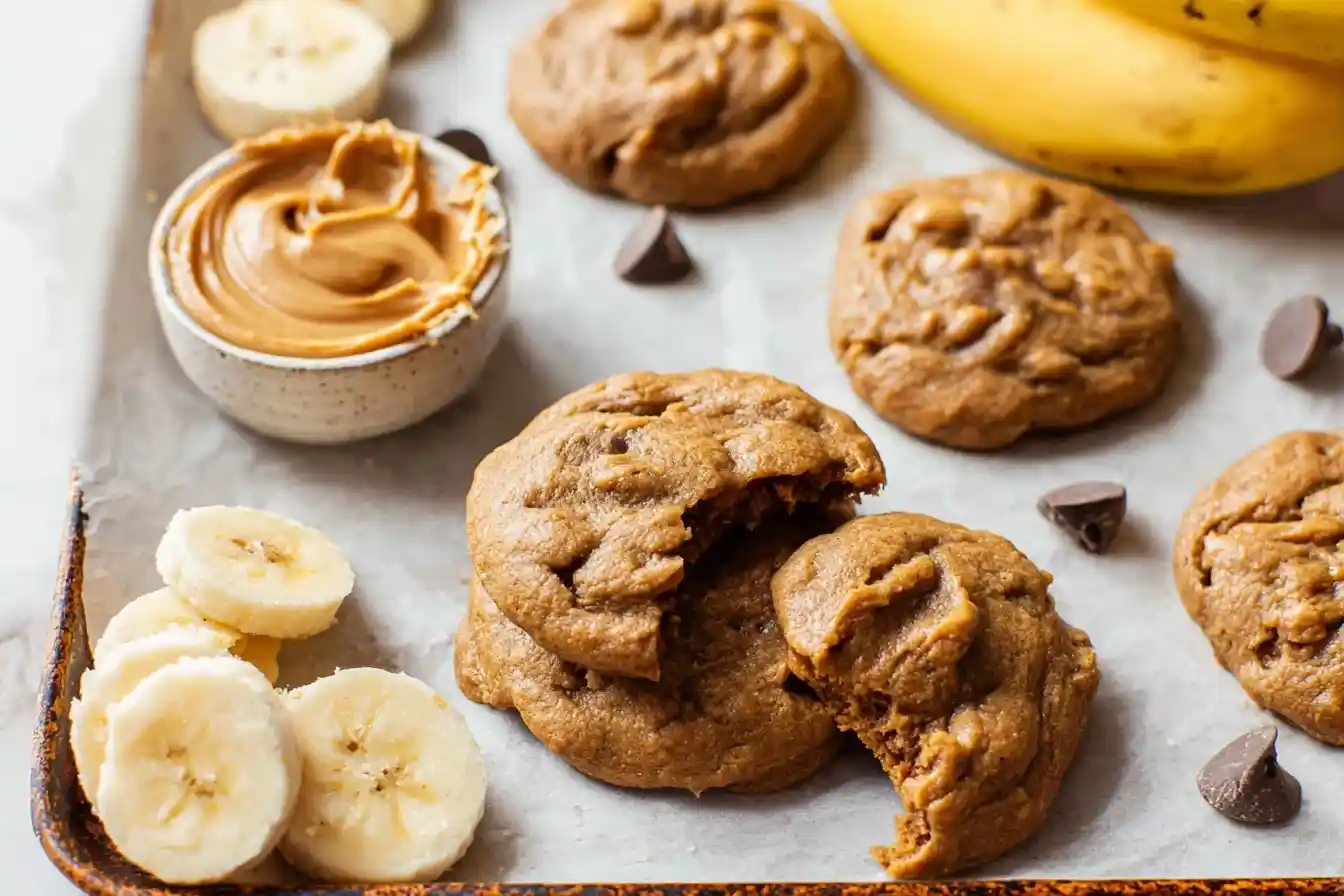 A tray of soft peanut butter banana cookies with fresh banana slices, a bowl of peanut butter, and chocolate chips.