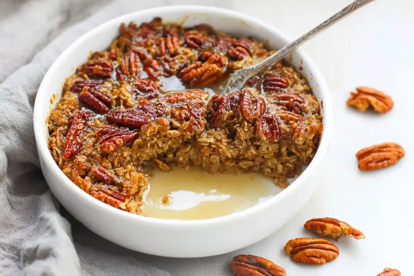 A white bowl of Pecan Pie Baked Oatmeal topped with crunchy pecans and syrup, with a spoonful scooped out.