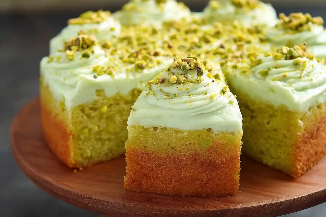 A beautiful pistachio cake with light green frosting and chopped nuts, with one slice cut out and displayed on a wooden stand.