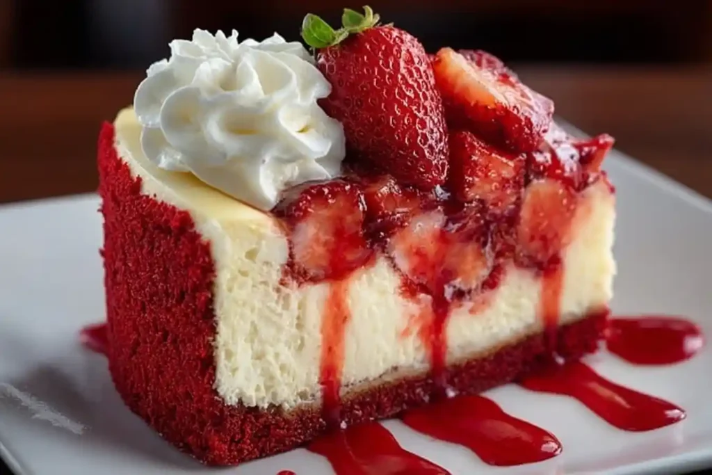 A decadent slice of Red Velvet Cheesecake on a white plate, topped with strawberry sauce, fresh strawberries, and whipped cream.