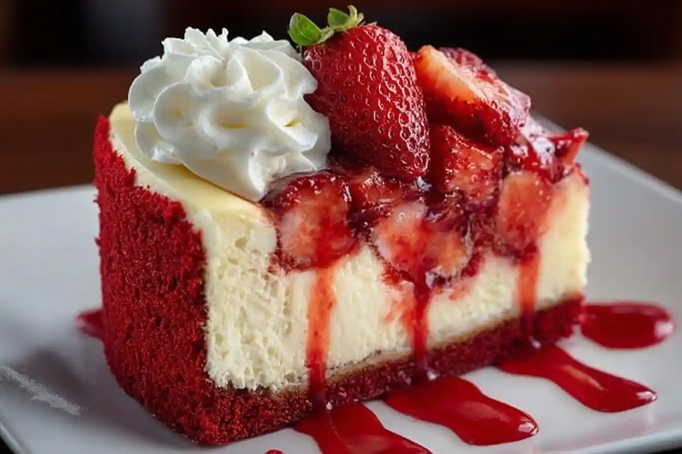 A decadent slice of Red Velvet Cheesecake on a white plate, topped with strawberry sauce, fresh strawberries, and whipped cream.