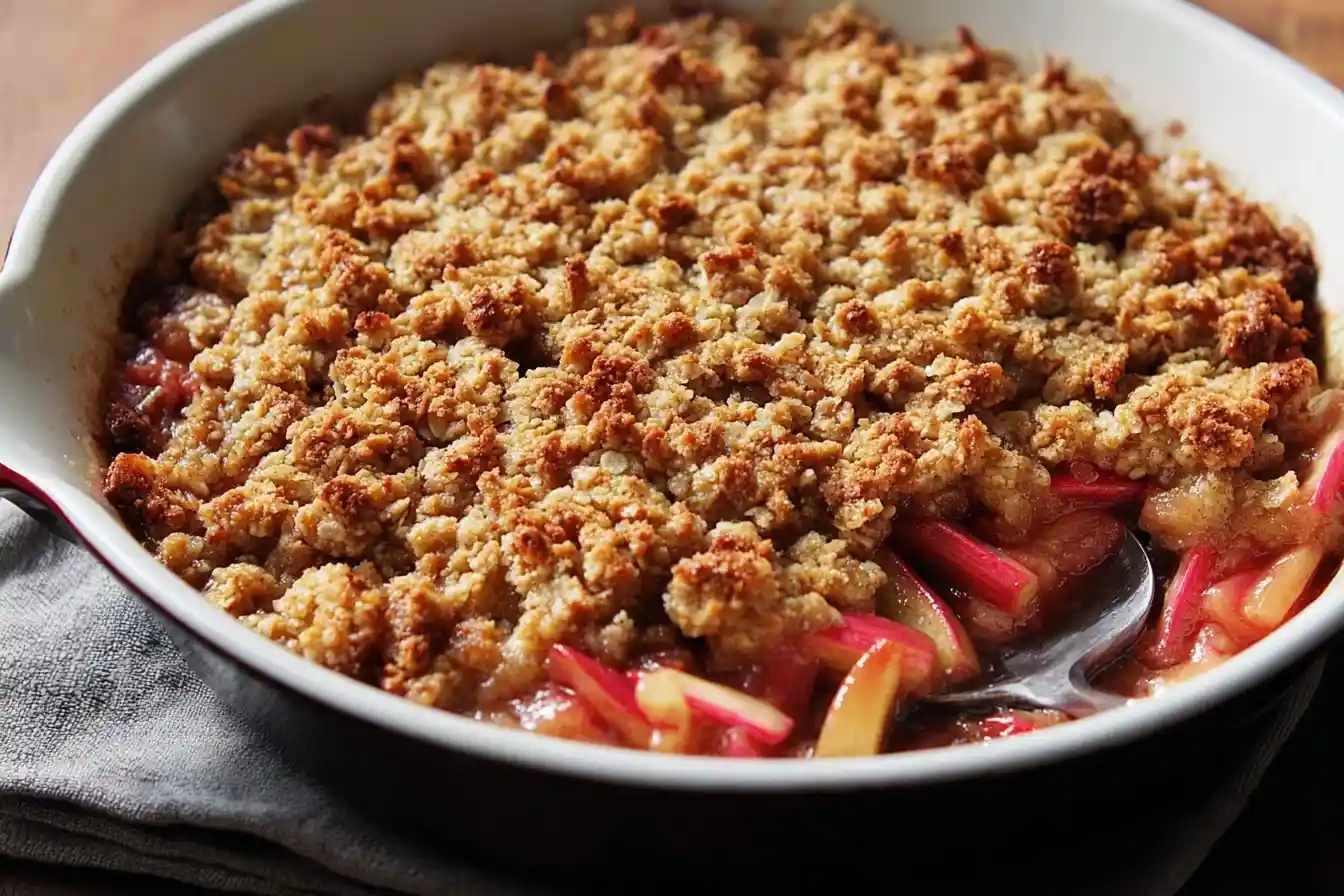 A freshly baked rhubarb crumble with a golden-brown oat topping in a white ceramic dish, with a spoon taking a scoop.