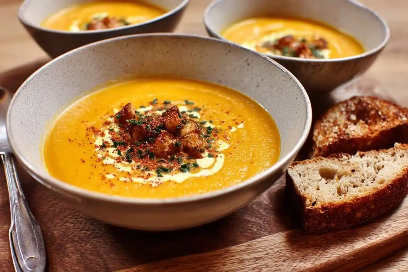 A warm bowl of creamy butternut squash soup topped with toasted croutons and herbs, ready to be eaten with crusty bread.