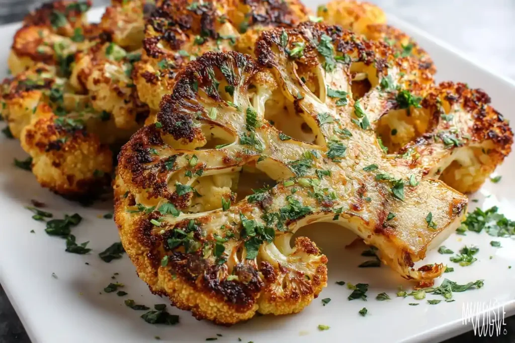 A close-up of golden-brown roasted cauliflower steaks on a white platter, garnished with fresh green herbs.